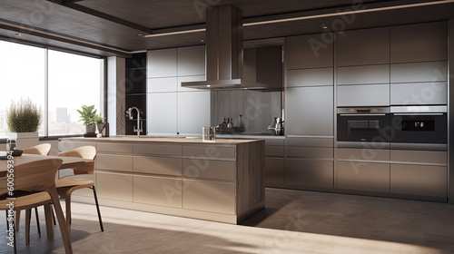 Kitchen Interior with Island, Sink, Cabinets, and Hardwood Floors in New Luxury Home. Features Elegant Pendant Light Fixtures, and Farmhouse Sink next to Window Generative AI