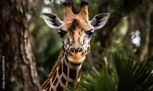 Close-up of a giraffe in front of some green trees, looking at the camera, generative AI © Enigma
