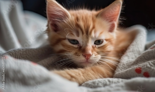Cute little red kitten sleeps on fur white blanket, generative AI © Enigma