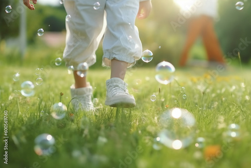 A close - up of big bubbles, blurred background of a child's legs wearing white clothes and running around on the lawn. AI generative
