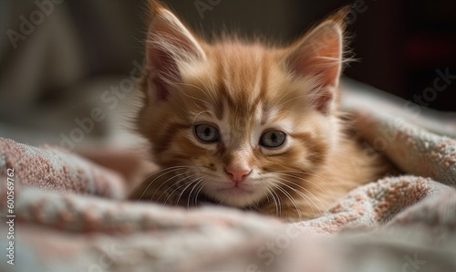 Cute little red kitten sleeps on fur white blanket, generative AI