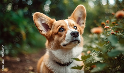 Cute puppy Pembroke Welsh Corgi with one ear standing up outdoor in summer park  generative AI