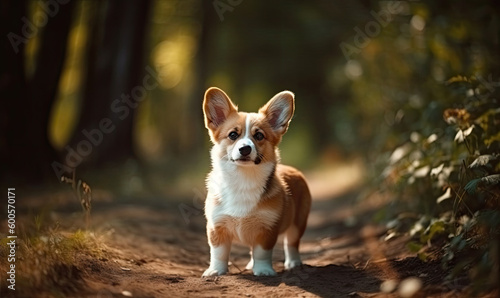 Cute puppy Pembroke Welsh Corgi with one ear standing up outdoor in summer park  generative AI