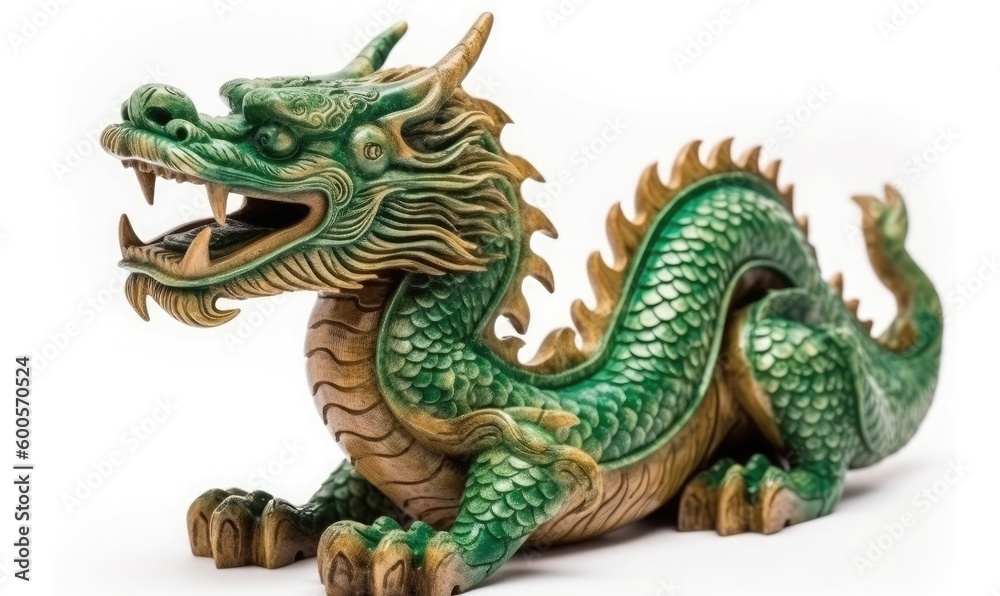 Green Chinese wooden dragon on white background, generative AI