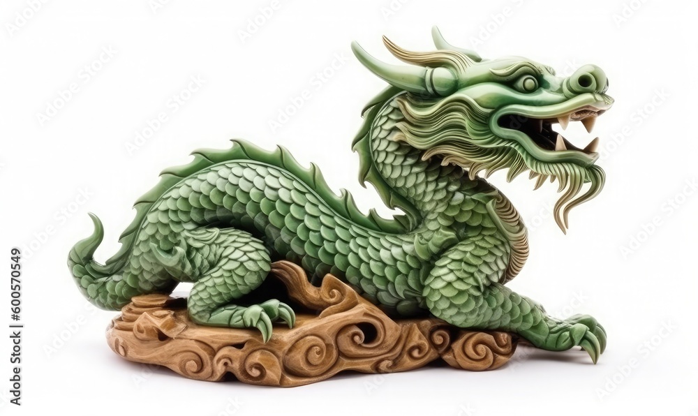 Green Chinese wooden dragon on white background, generative AI