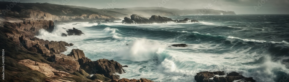 A rugged coastline with crashing waves. Horizontal banner. AI generated