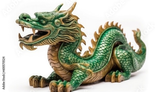 Green Chinese wooden dragon on white background  generative AI
