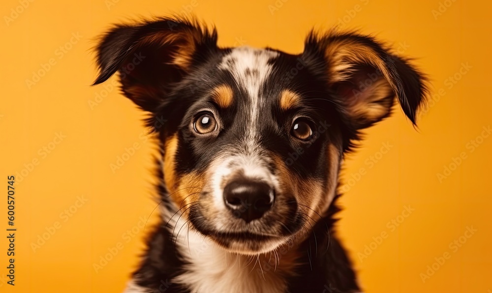 Happy puppy dog smiling on isolated yellow background, generative AI