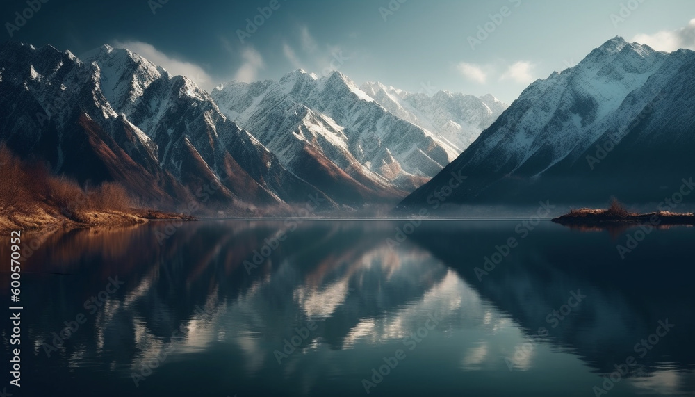 Majestic mountain range reflects tranquil sunset sky generated by AI