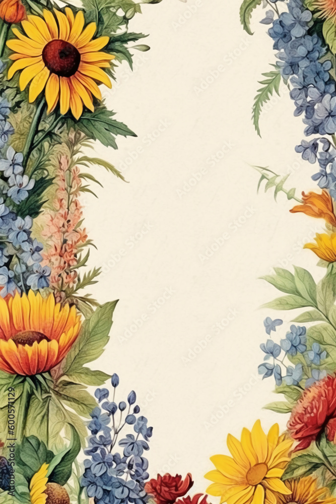 Blank empty white page with oil painting chic floral border, slightly edges. AI generative