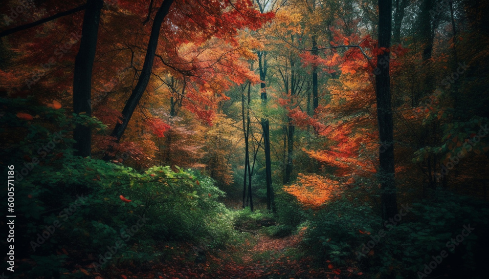 Vibrant autumn foliage paints tranquil forest scene generated by AI