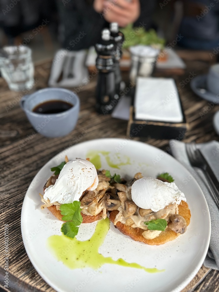 potato pancakes with mushrooms and poached egg