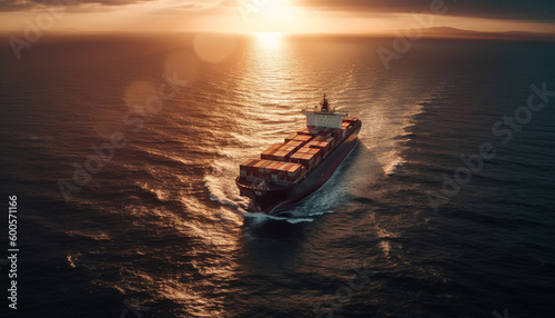 Container ship carrying cargo container at sunset generated by AI