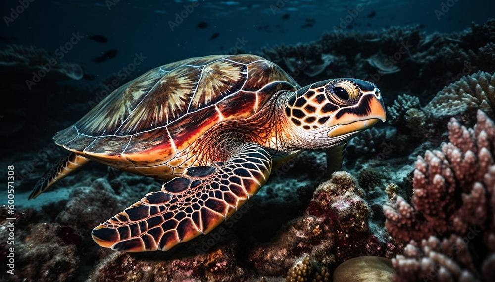 Multi colored sea turtle swims in idyllic reef generated by AI Multi colored sea turtle swims in idyllic reef generated by AI