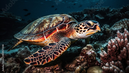Multi colored sea turtle swims in idyllic reef generated by AI © djvstock