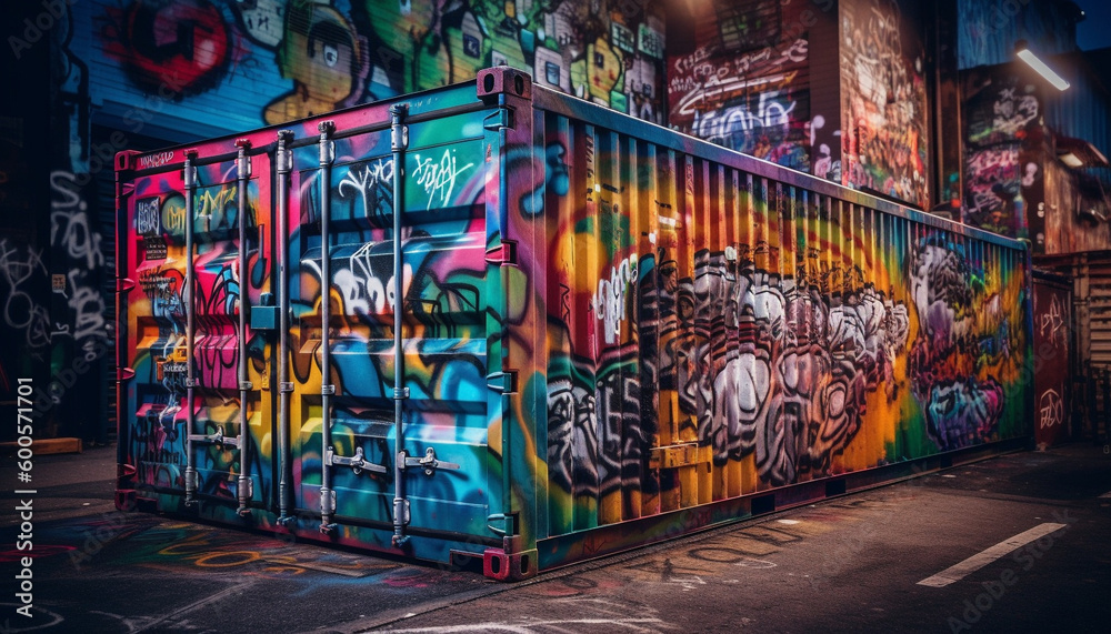 Vibrant colors illuminate city street with graffiti art generated by AI