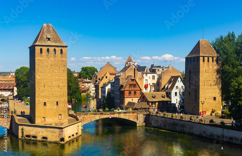 Medieval bridge Ponts Couverts from Barrage Vauban in Strasbourg, Alsace, France