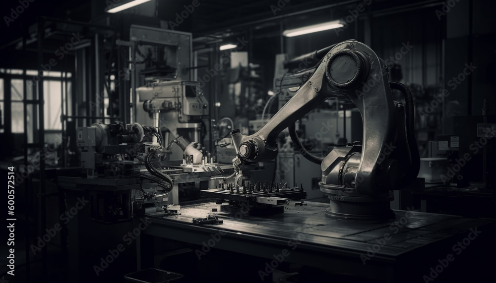 Fototapeta premium Metallic robotic arm controls manufacturing equipment indoors generated by AI