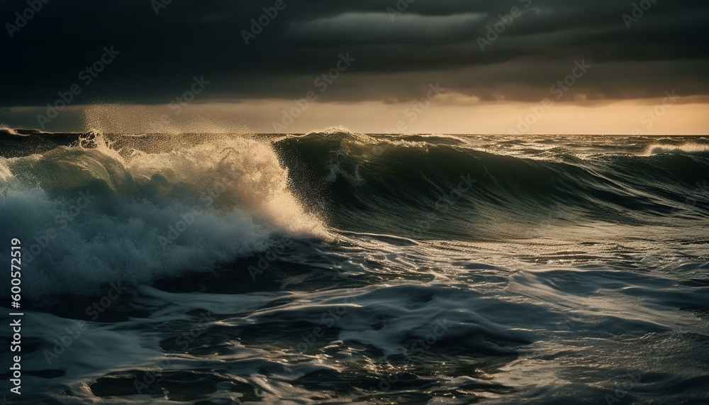Breaking waves crash on dramatic coastline at dusk generated by AI