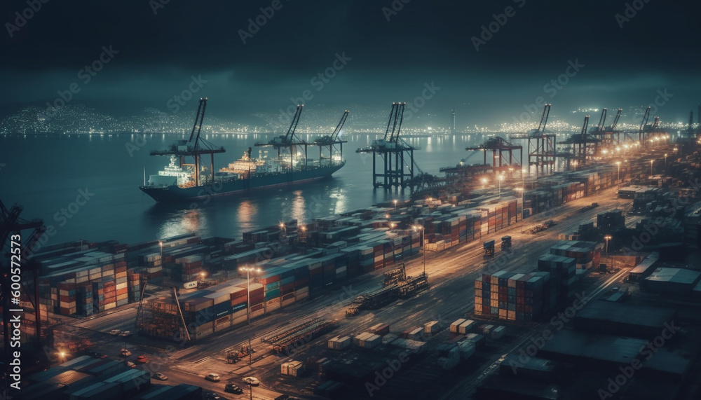 Fototapeta premium Container ship unloading heavy cargo at dusk generated by AI