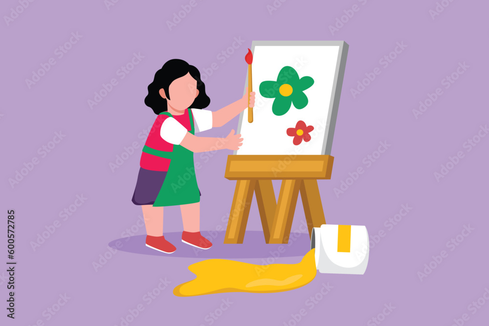 Character flat drawing pretty little girl draw on canvas. Happy child painting on easel. Smiling pretty kids with brush and paints. Creative children learn painting. Cartoon design vector illustration Character flat drawing pretty little girl draw on canvas. Happy child painting on easel. Smiling pretty kids with brush and paints. Creative children learn painting. Cartoon design vector illustration