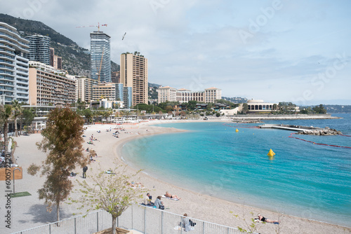 Larvotto beach and apartments in the background, Monaco.