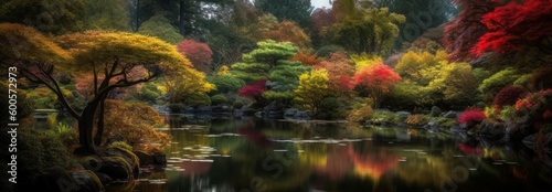 A serene pond surrounded by vibrant flora and fauna. Horizontal banner. AI generated photo