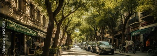 A shady street with towering trees and lush foliage. Horizontal banner. AI generated