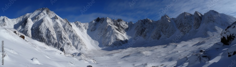 A snow-covered mountain range. Horizontal banner. AI generated