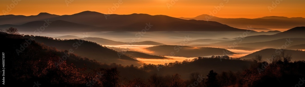 A spectacular sunrise over rolling hills and distant. Horizontal banner. AI generated