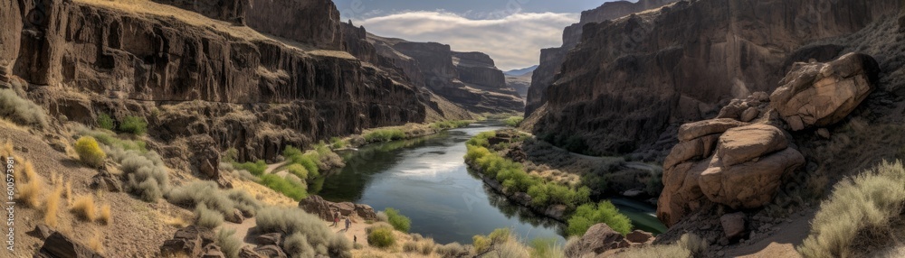 A stunning canyon with rugged cliffs and a river. Horizontal banner. AI generated A stunning canyon with rugged cliffs and a river. Horizontal banner. AI generated