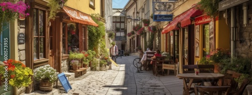 A street lined with quaint shops and cafes. Horizontal banner. AI generated
