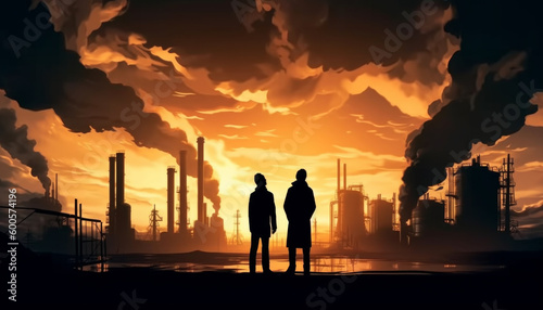 A group of politicians on the background of an industrial energy facility, gas, oil and electricity production. Silhouettes of heads of state discussing the economic crisis. Created by AI