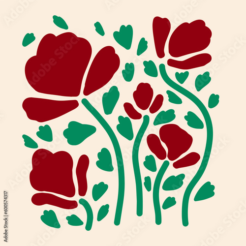 Aesthetics of Matisse's curves. Groovy abstract postcards with patterns. Flower drawings, botanical art. Fashionable organic style of naive retro hippies of the 60-70's. Mother's Day vector background