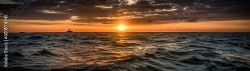 A stunning sunset over a calm ocean. Horizontal banner. AI generated