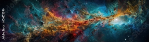 A surreal galaxy with swirling colors. Horizontal banner. AI generated