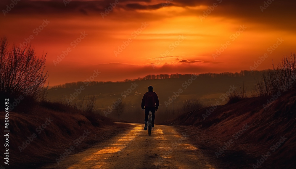 Silhouette of cyclist back lit by sunset generated by AI