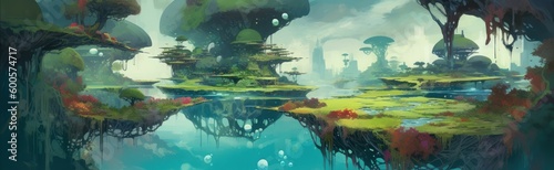 A surreal other-worldly landscape with floating isla. Horizontal banner. AI generated