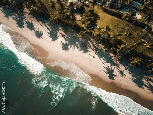 An aerial view of a beach and palm trees created with Generative AI technology