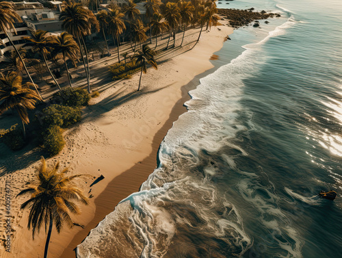 An aerial view of a beach and palm trees created with Generative AI technology