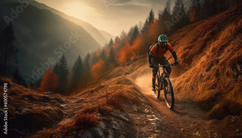 Mountain biker conquers extreme terrain at sunrise generated by AI