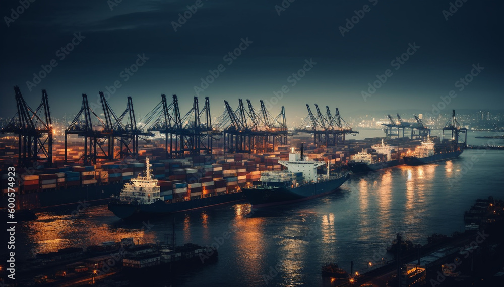 Container ship unloading at Rotterdam commercial dock generated by AI