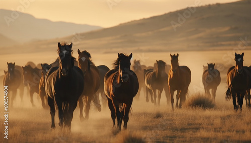 Silhouette of stallion running in tranquil meadow generated by AI