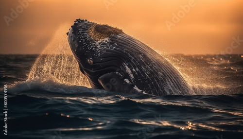 Majestic humpback whale splashing in tranquil sunset generated by AI © djvstock