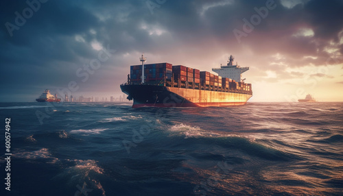 Container ship carrying heavy cargo at sunset generated by AI