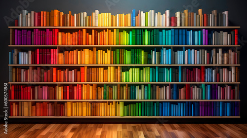 bookshelf with multi-colored books, background consisting of a huge bookshelf lined with colored books of all colors of the rainbow, bright home library background, generative ai photo
