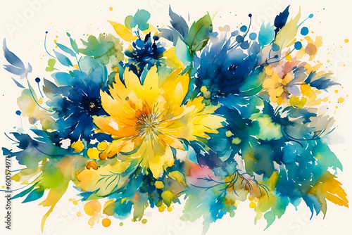 Fototapeta Naklejka Na Ścianę i Meble -  yellow and blue flowers - watercolor bouquet, generative ai