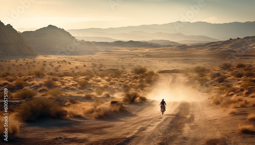 Mountain biking through arid terrain at sunset generated by AI