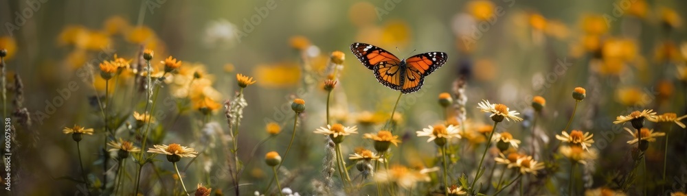 A tranquil and serene meadow with wildflowers. Horizontal banner. AI generated A tranquil and serene meadow with wildflowers. Horizontal banner. AI generated
