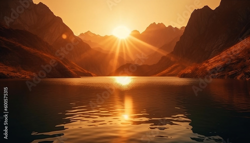 Majestic mountain range reflects tranquil sunset beauty generated by AI © djvstock